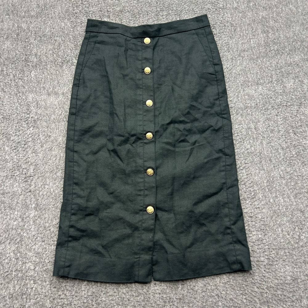 J. Crew Black Button-front Pencil Skirt Stretch Linen Blend 2 Nautical